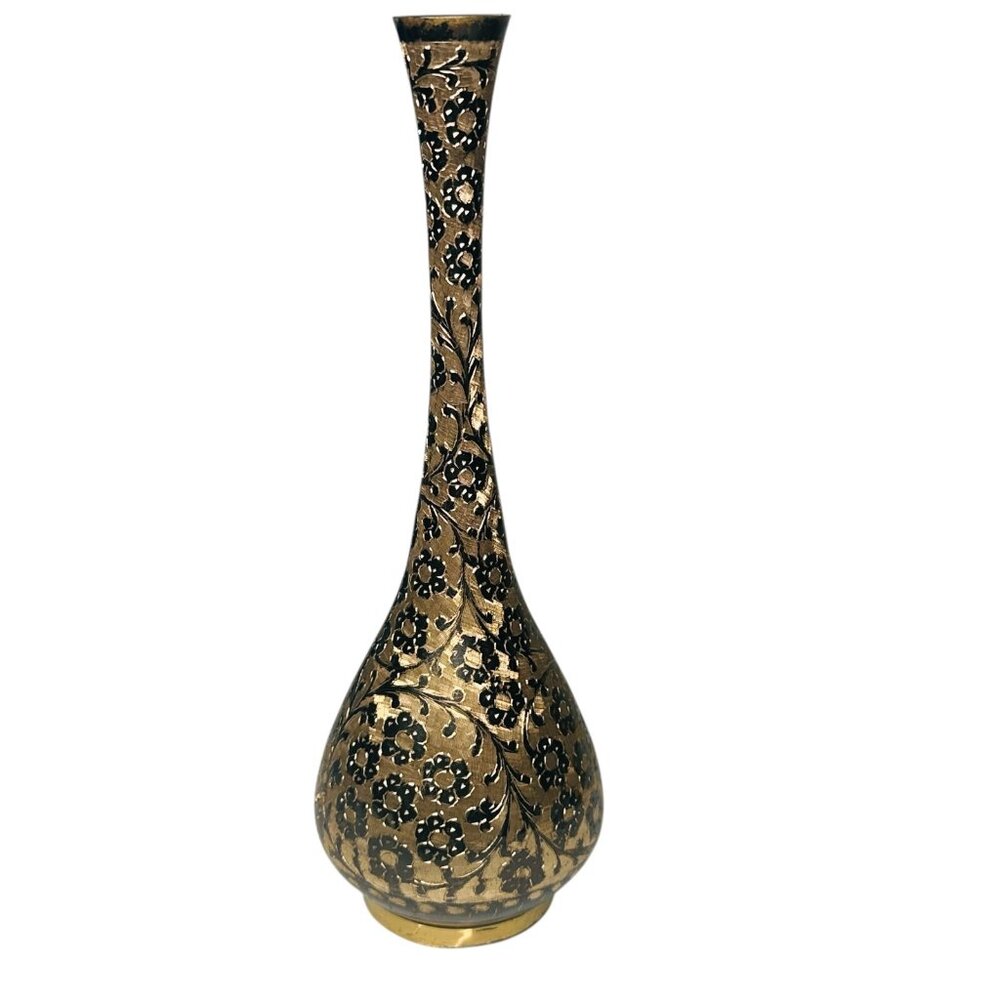 Vintage Lacquered Brass Gold Black Vase with Floral Design India - Beautiful